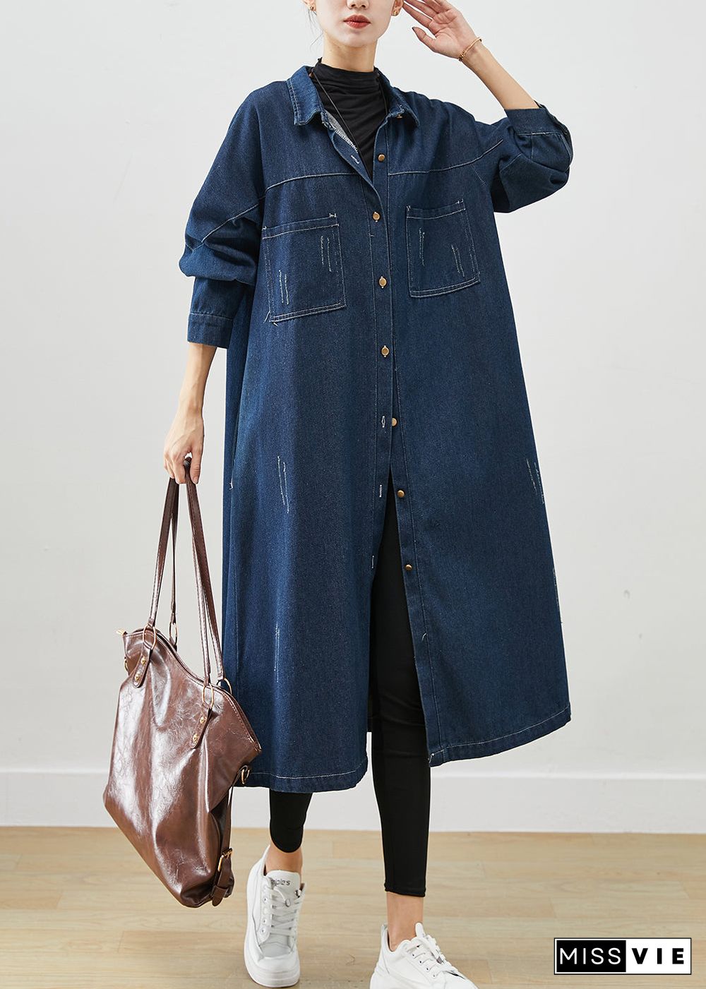 Navy Denim Trench Coats Oversized Pockets Fall