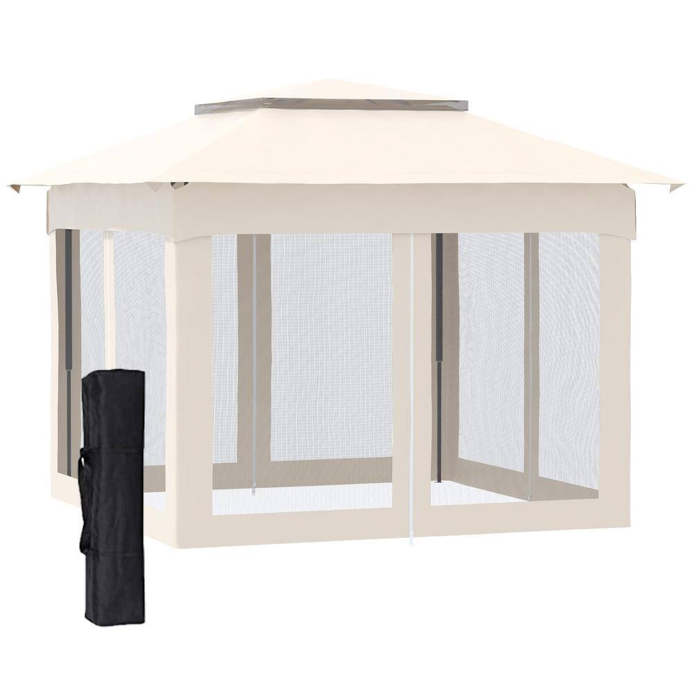 Outsunny Outdoor 11 ft. x 11 ft. Pop Up Beige Gazebo Canopy Shelter with 2-Tier Soft Top and Removable Zipper Netting 840-166CW