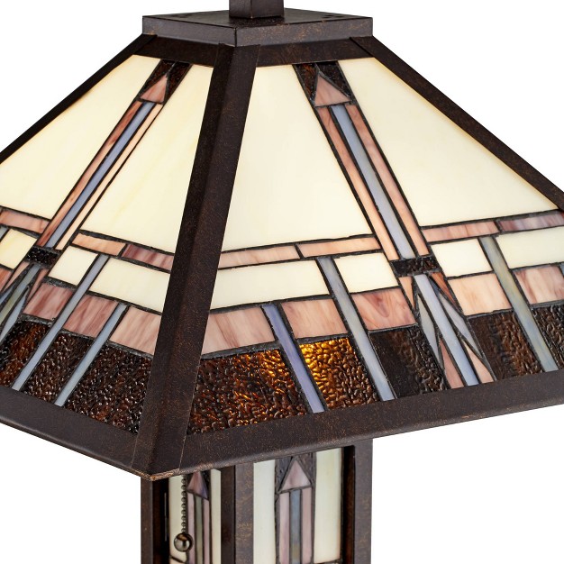 Tall Oiled Bronze With Nightlight Geometric Stained Art Glass Shade For Living Room Bedroom