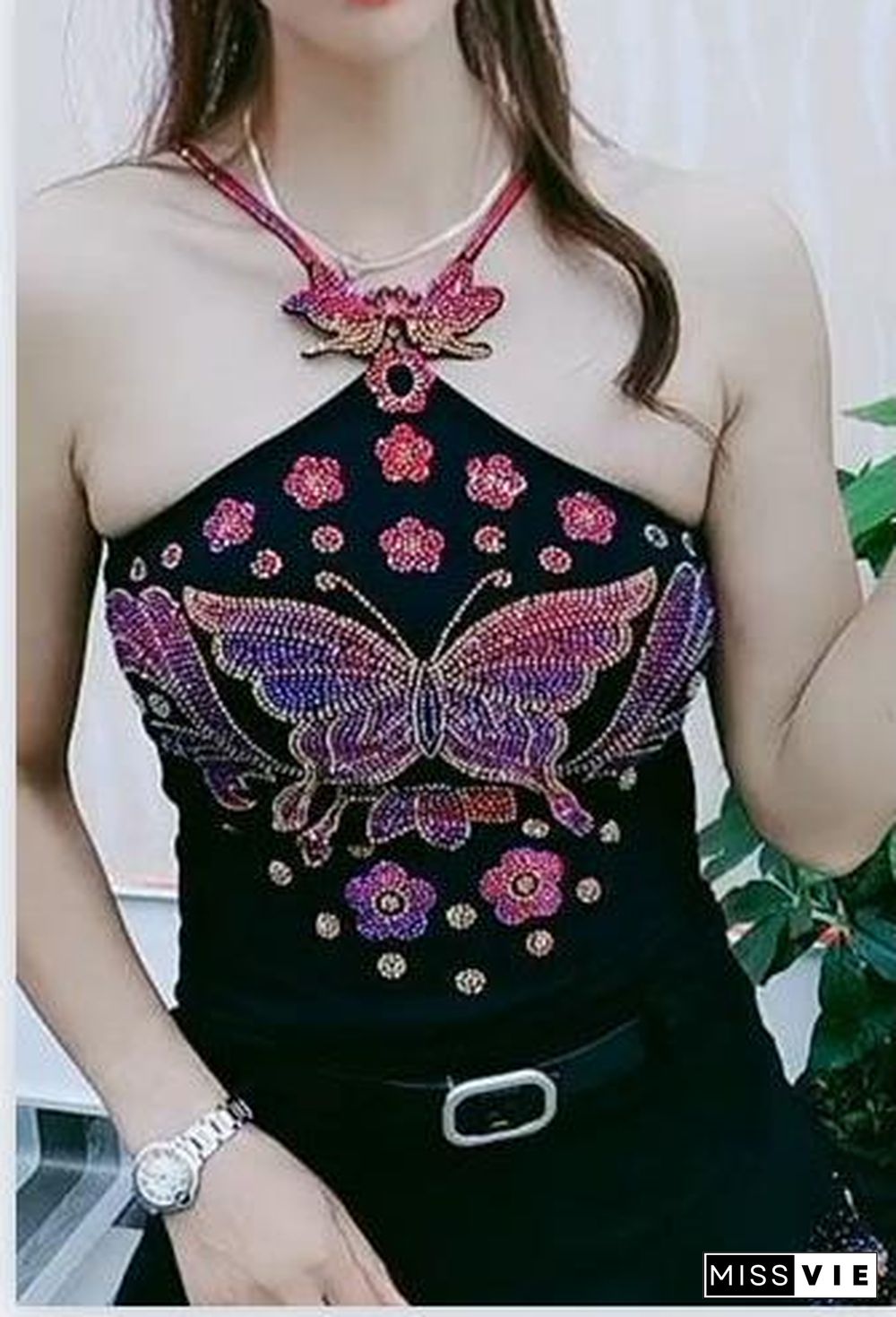 Fashion Women's Padded Gemstones Camisole Femme Lady Shiny Bling Bling Camis Women Rhainstones Butterfly Padded Tanks Tops