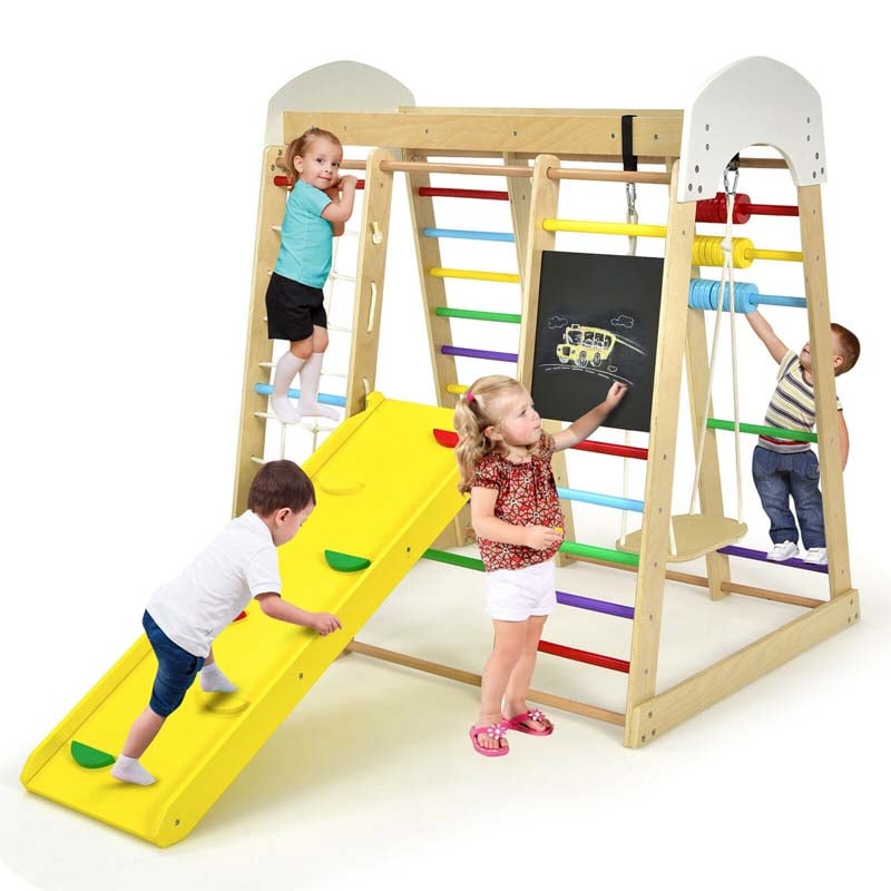 8-in-1 Wooden Climbing Toys for Toddlers, Kids Indoor Playground Jungle Gym Climber Playset with Slide