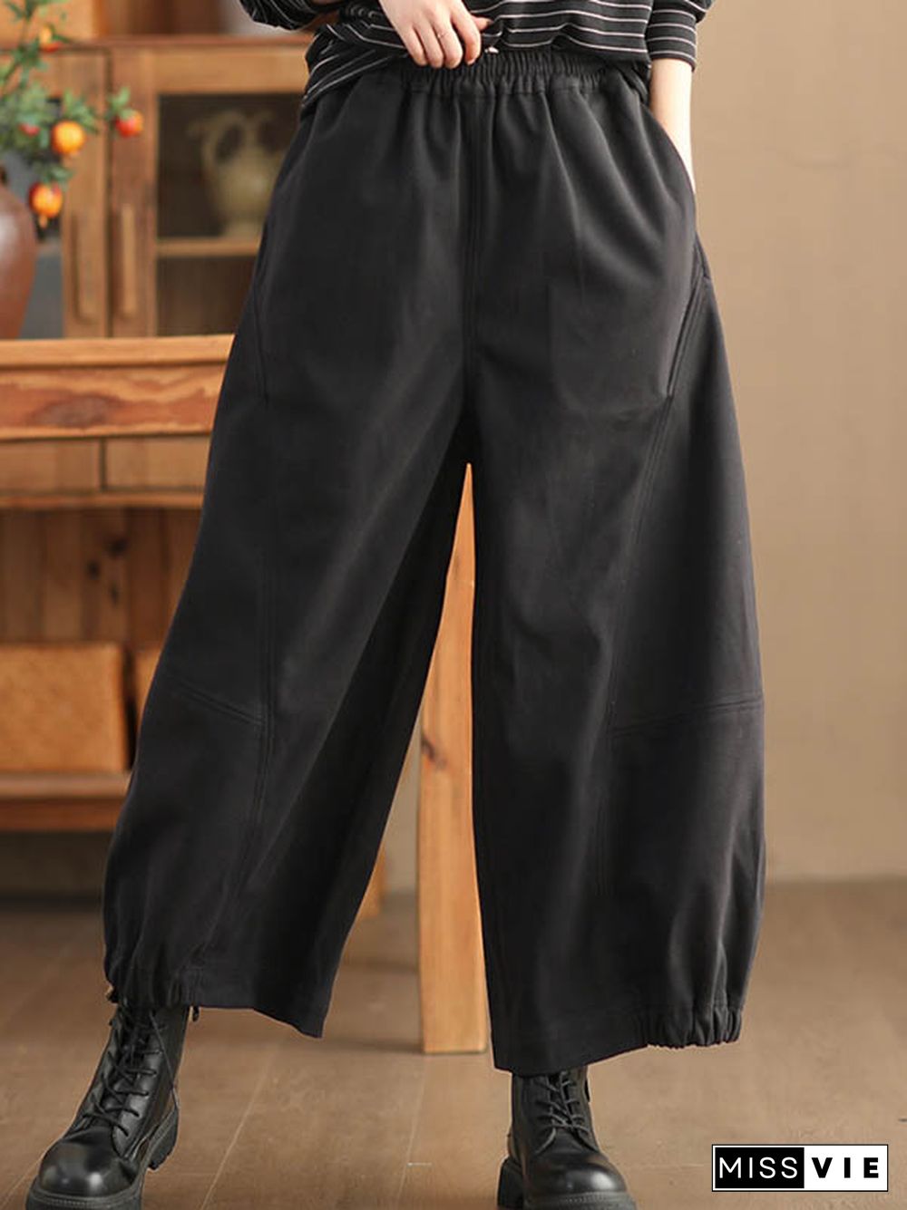 High Waisted Loose Drawstring Elasticity Pleated Solid Color Pants Trousers