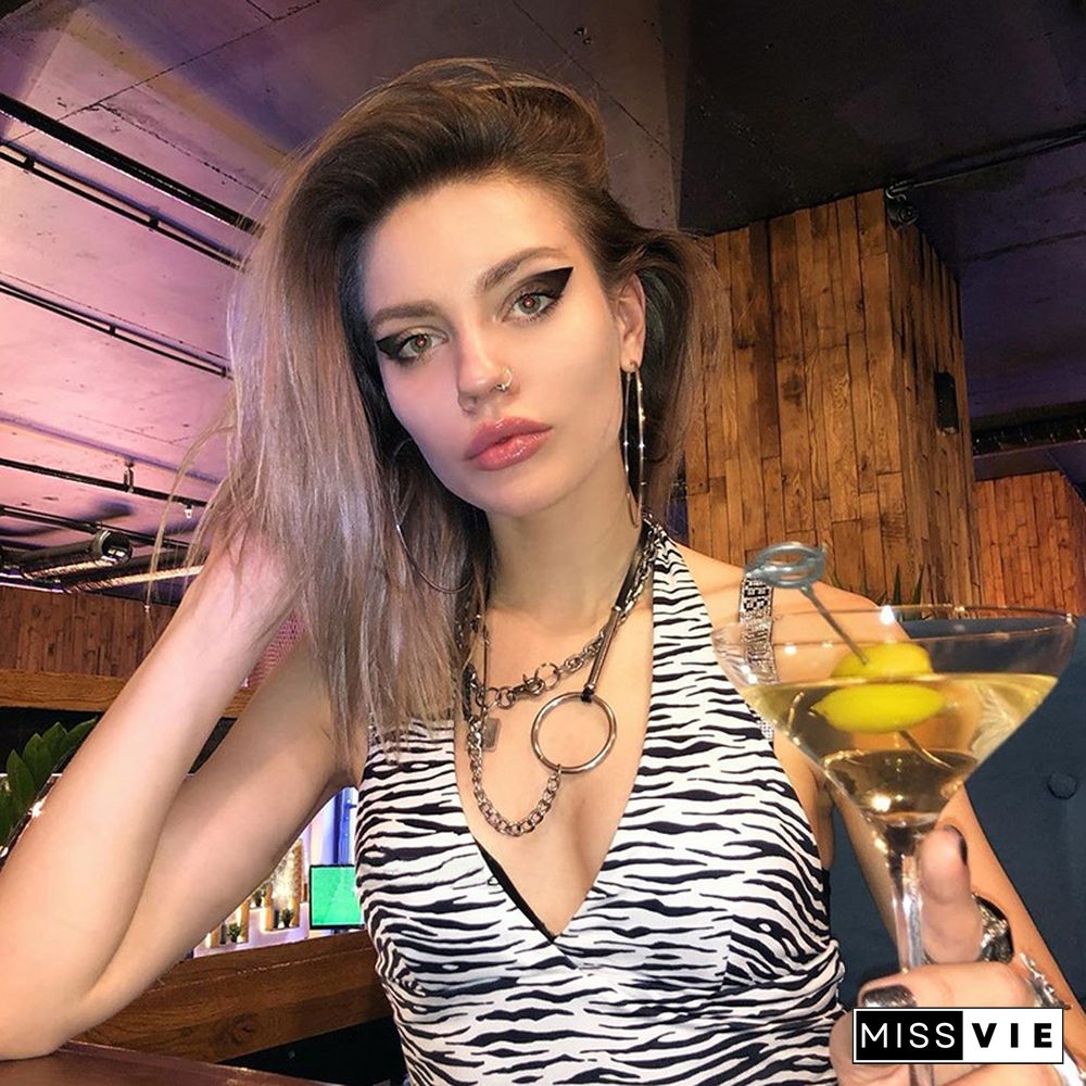 Harajuku Zebra Print Sleeveless Backless Fashion Tank Top Women Summer Leisure Halter Top Female Sexy Club Party Croptop