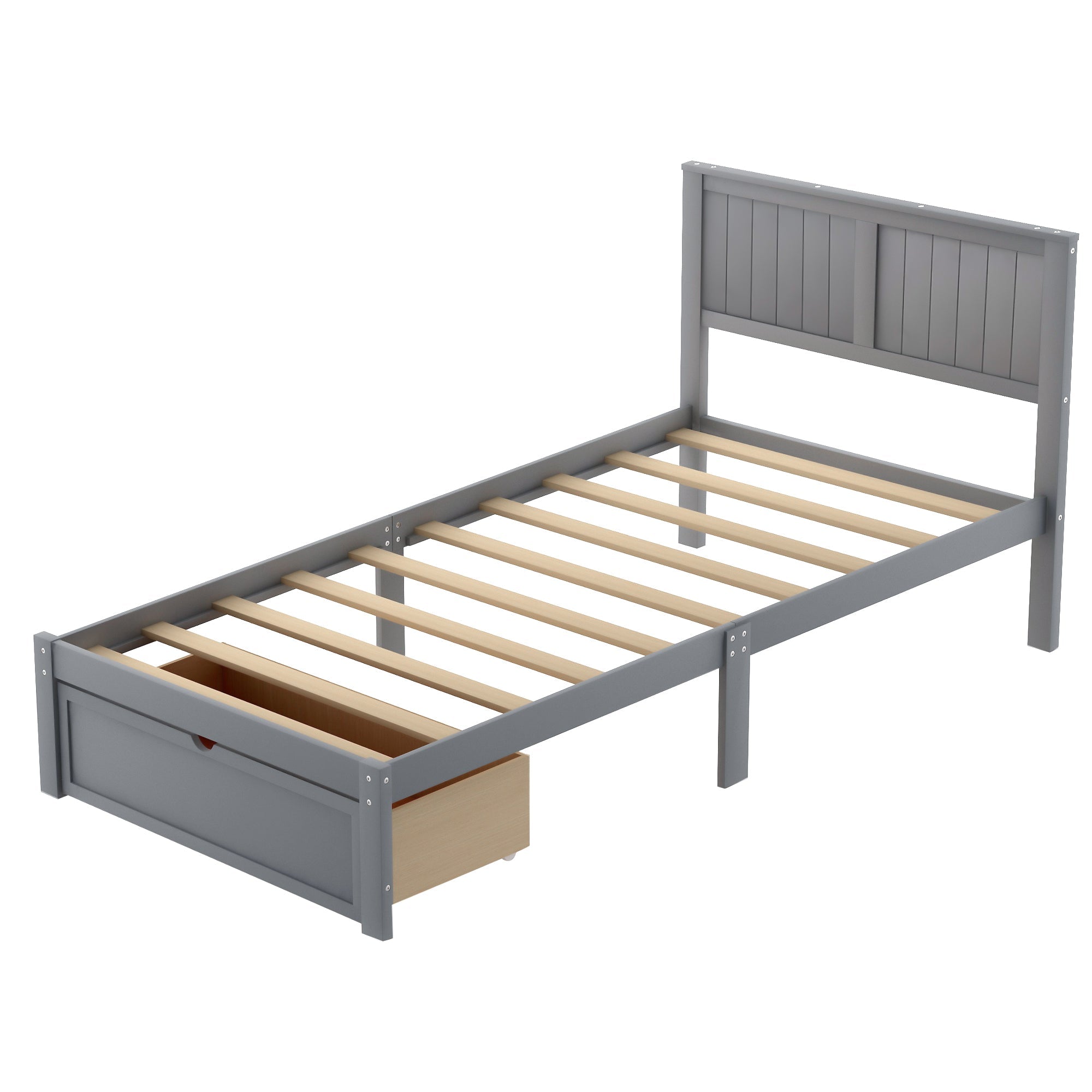 Twin Wood Platform Bed with Headboard & Big Storage Drawer for Kids, Gray