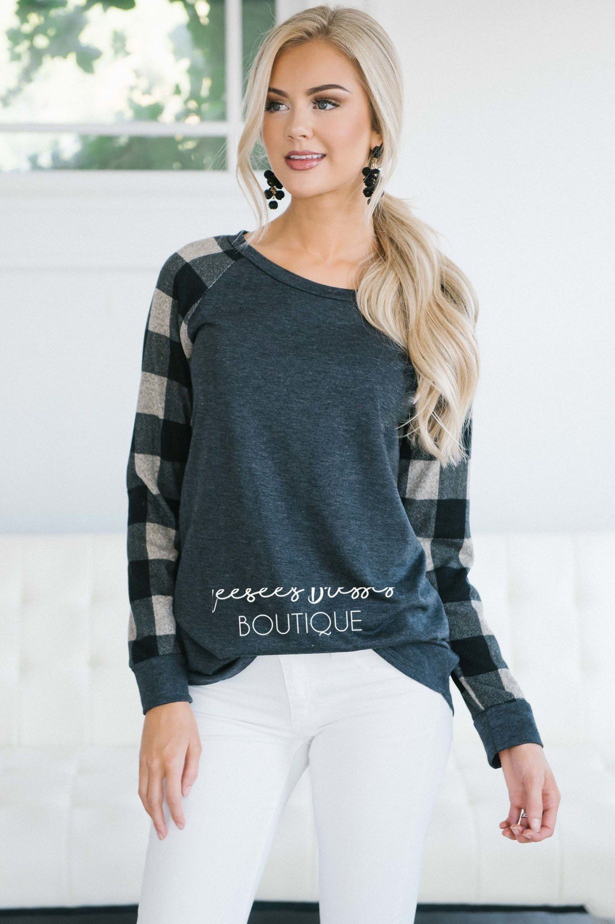 Charcoal & Taupe Plaid Sleeve Sweatshirt