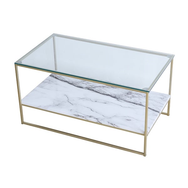 Roomfitters 2 Tier White Faux Marble Print Coffee Table with Glass Top