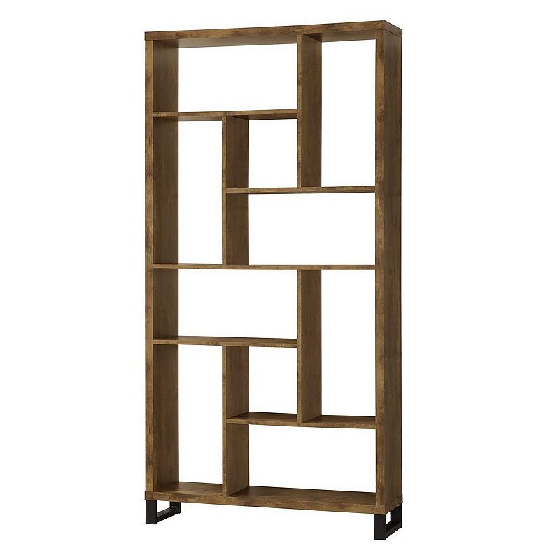 Metal and Wood Modern Style Bookcase with Multiple Shelves， Brown