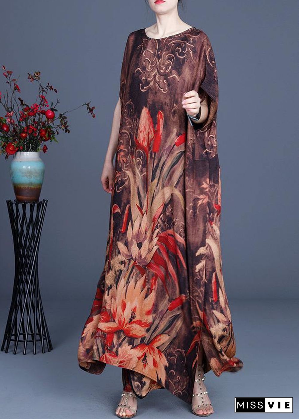 Casual Chocolate Print Silk Asymmetrical Design Low High Design Dresses Summer