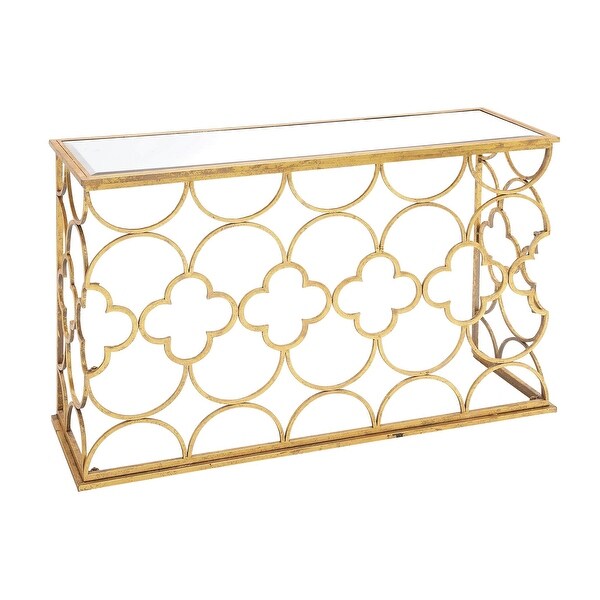 Gold Metal Quatrefoil Design Geometric with Glass Top Accent and Coffee Table Collection