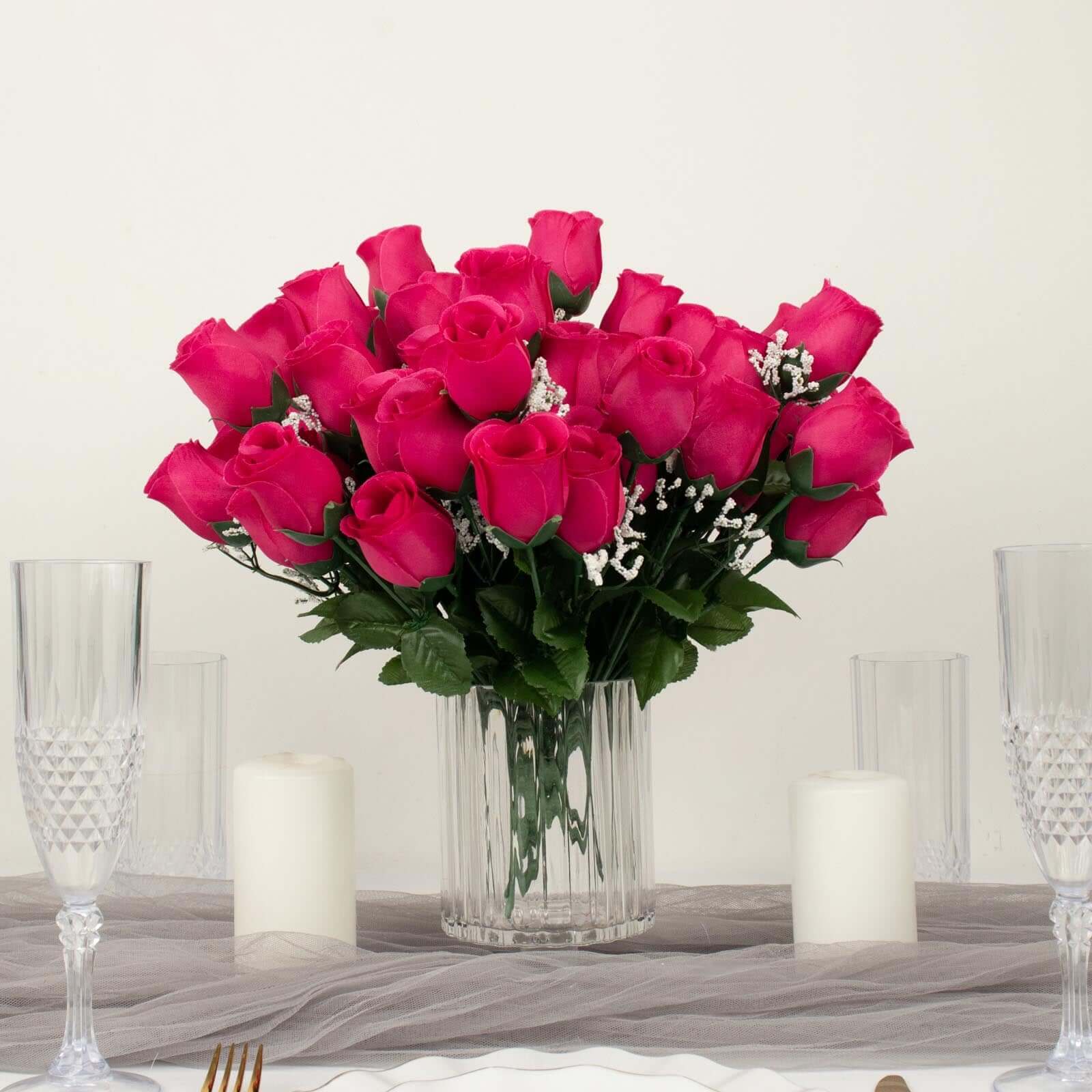 12 Bushes Fuchsia Artificial Premium Silk Flower Rose Bud Bouquets