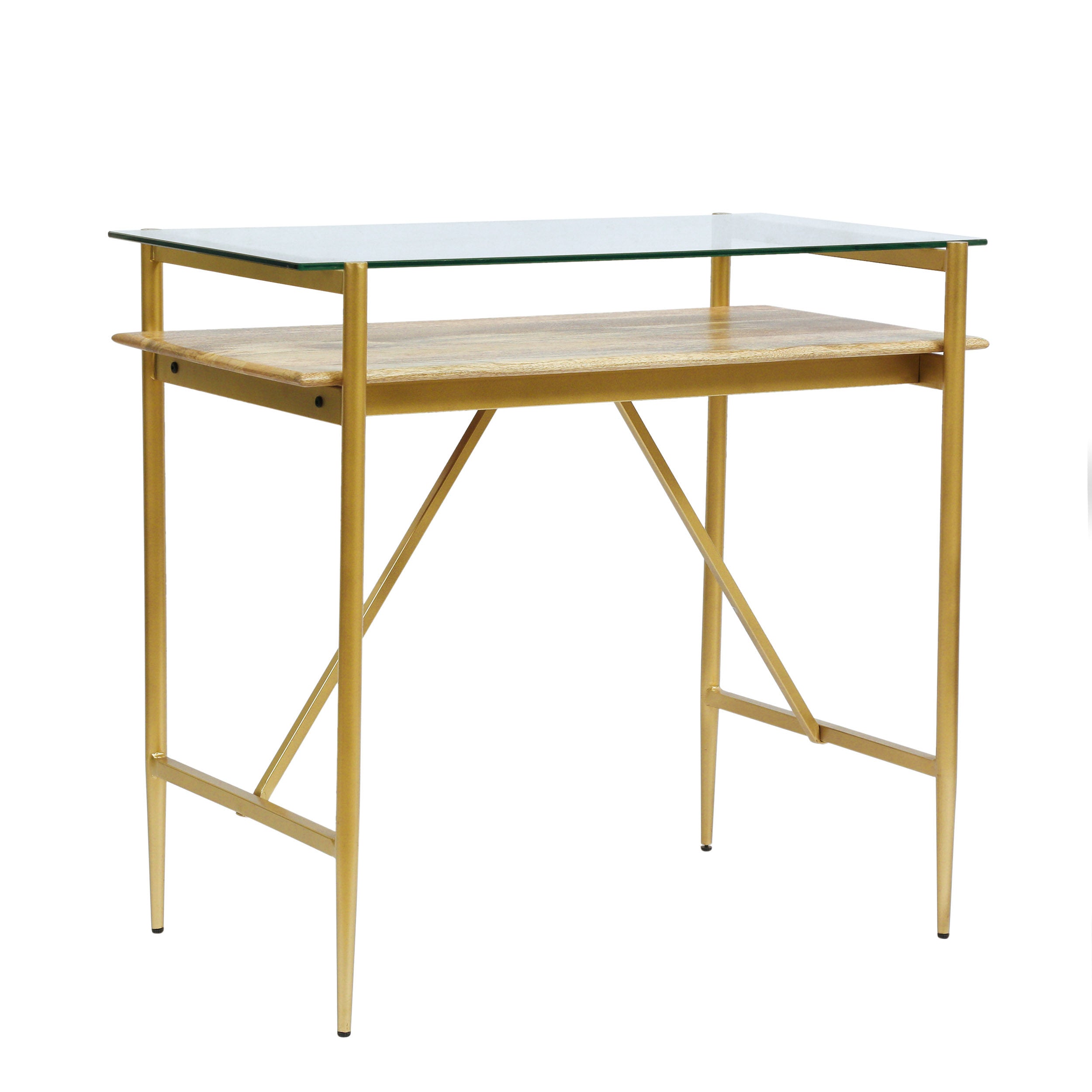 Adena Rustic Glam Handmade Glass Top Console Table, Honey Brown and Gold