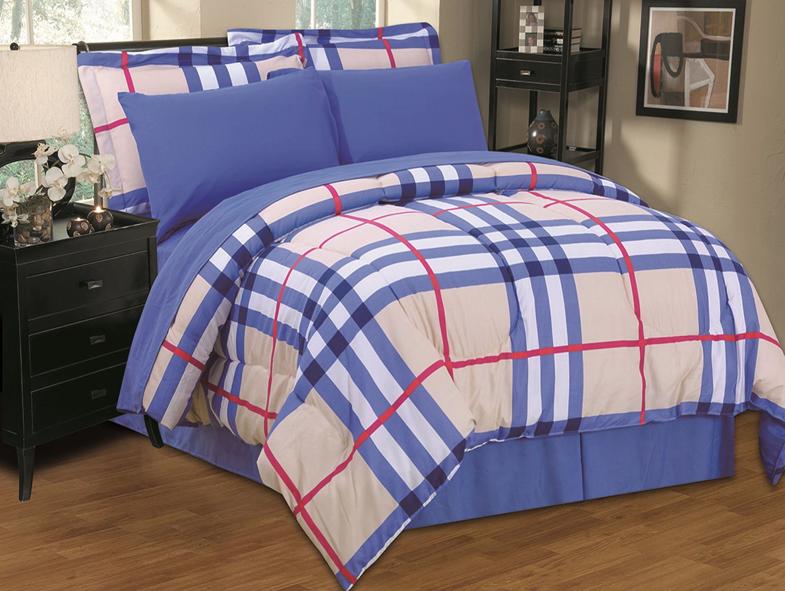 8-Piece Elegant Plaid Bed-in-a-Bag Comforter Set with Sheets and Pillowcases， Queen