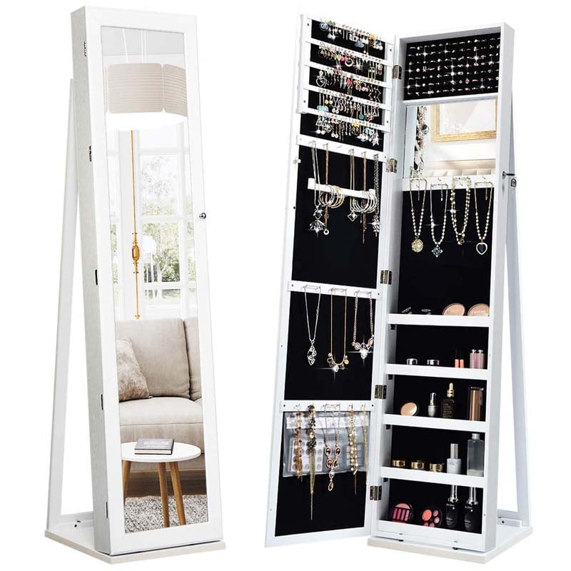 Full-Length Mirror Standing Jewelry Armoire with Inside Makeup Mirror, 2-in-1 Lockable Jewelry Cabinet Organizer