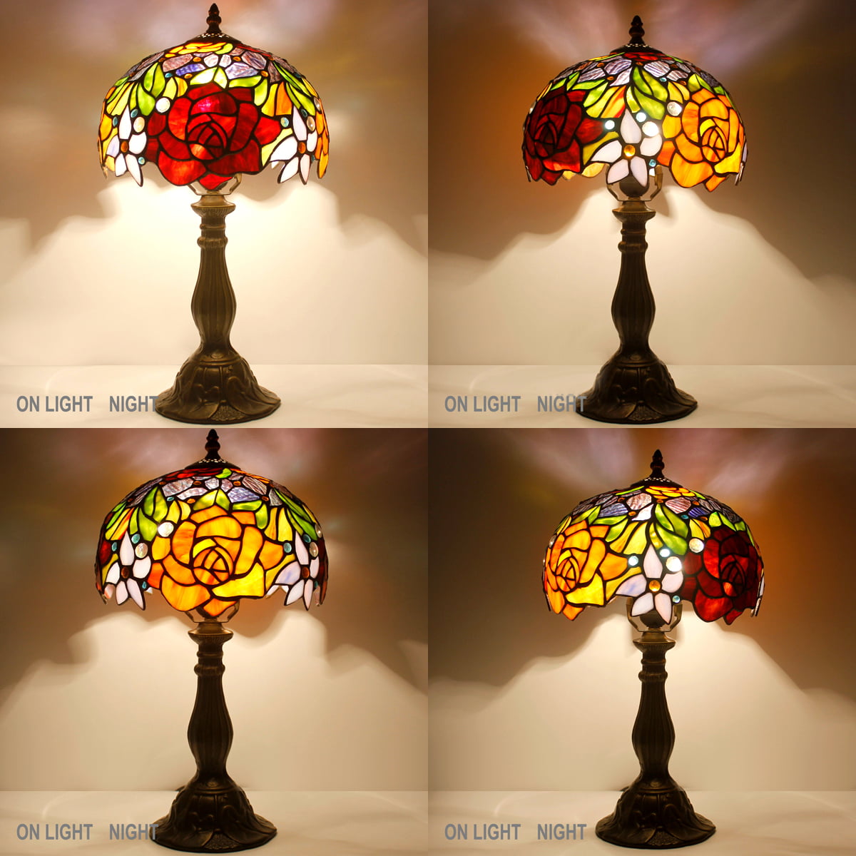 Tiffany Style Table Lamp Bedside Stained Glass Lamp Red Rose Desk Reading Light 18" Tall Decorative Living Room Bedroom Vintage Library Banker Traditional Boho Victorian LED Bulb Included