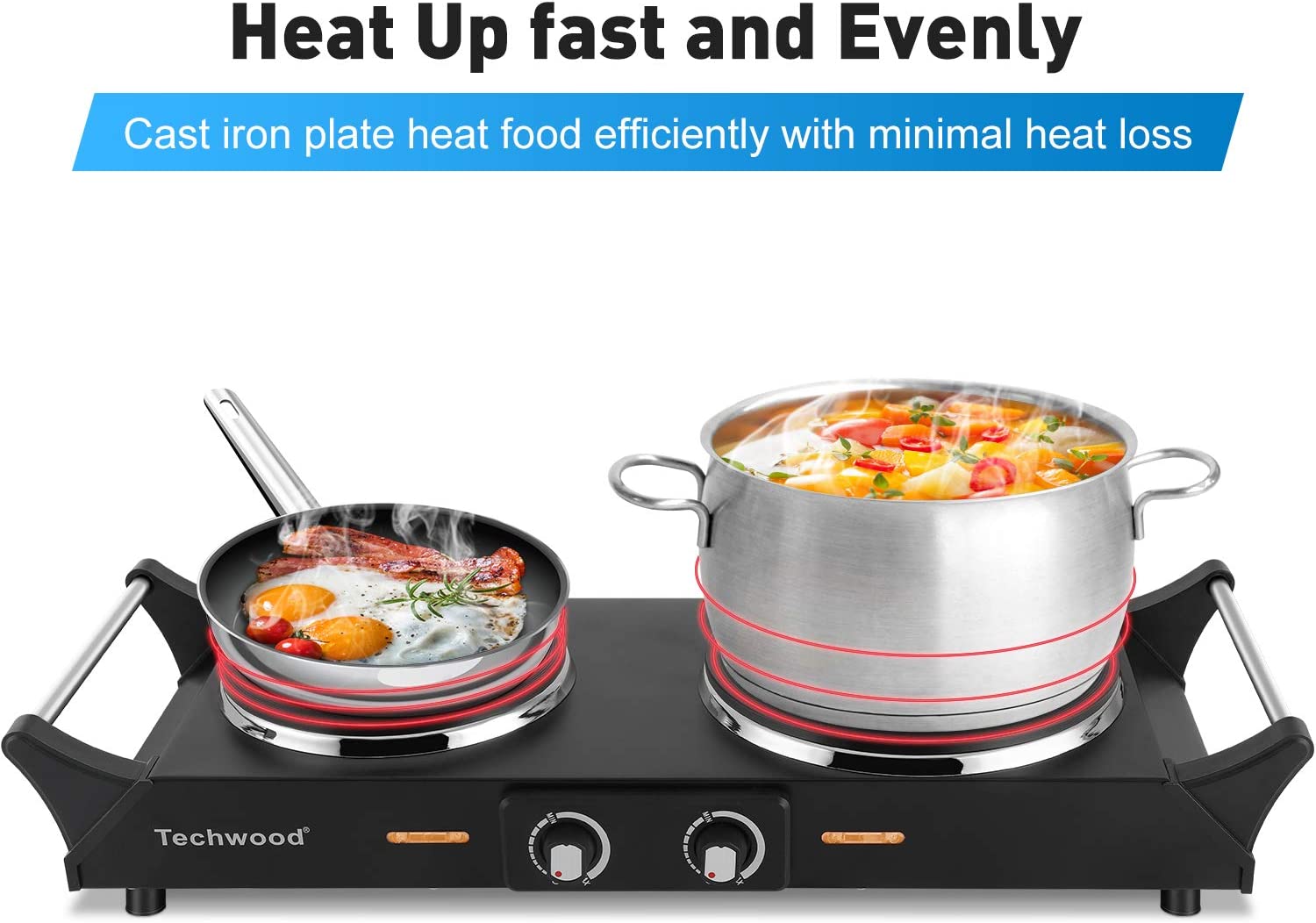 Techwood 1800W Hot Plate Portable Electric Stove Countertop Double Burner， Compatible for All Cookwares， 7.5” Cooktop