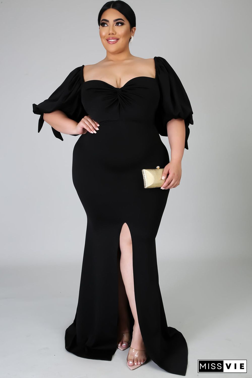 Black Bow Tie Puff Sleeve Plus Size High Slit Maxi Dress