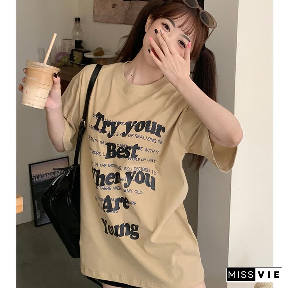 Chic Letter Print Round Collar Oversized T-Shirt