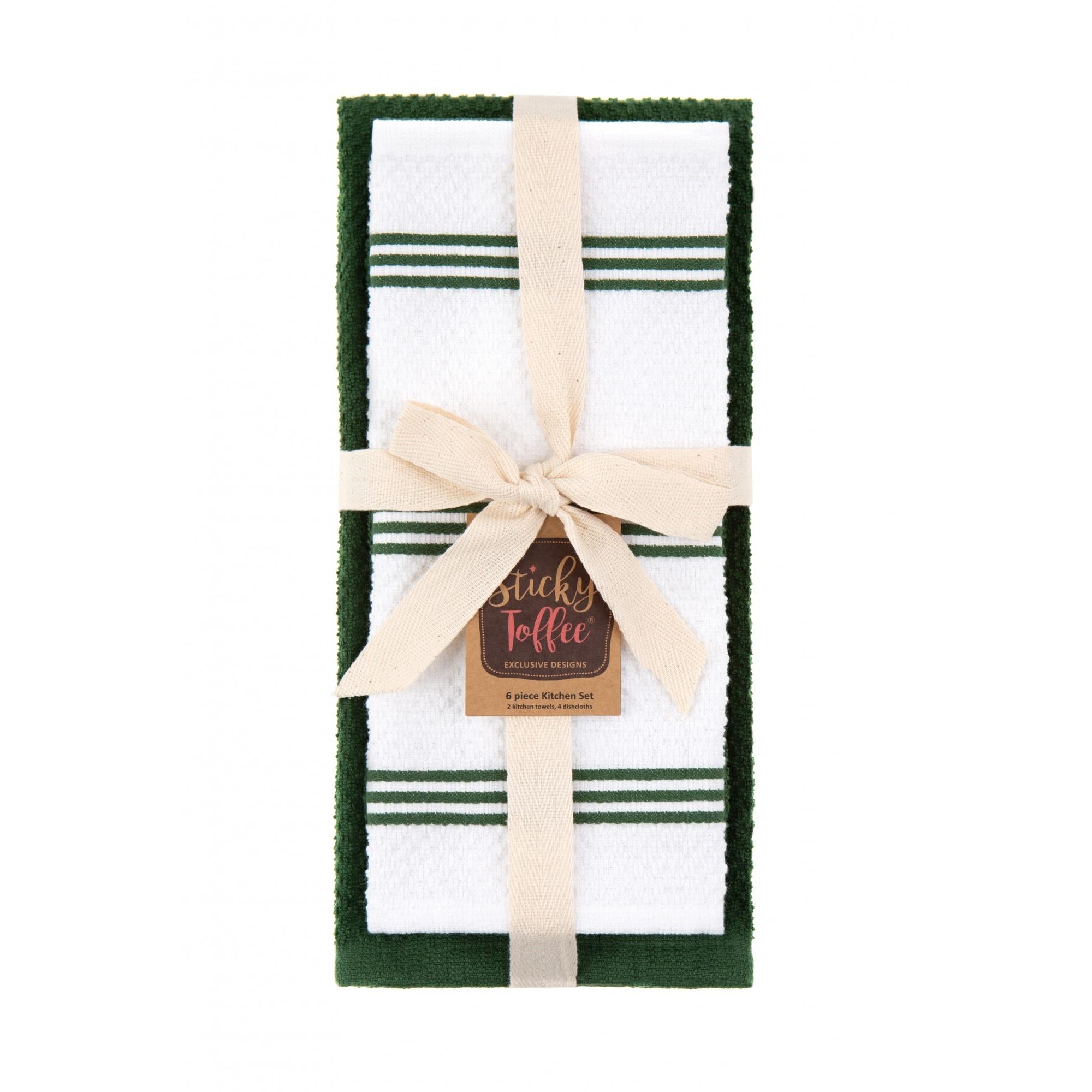 Sticky Toffee Cotton Terry Kitchen Towel and Dishcloth Set， Dark Green， 6 Pack