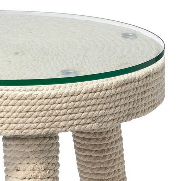 20 Inch Modern Side End Table， Woven Rope， Wood Splayed Legs， White Finish