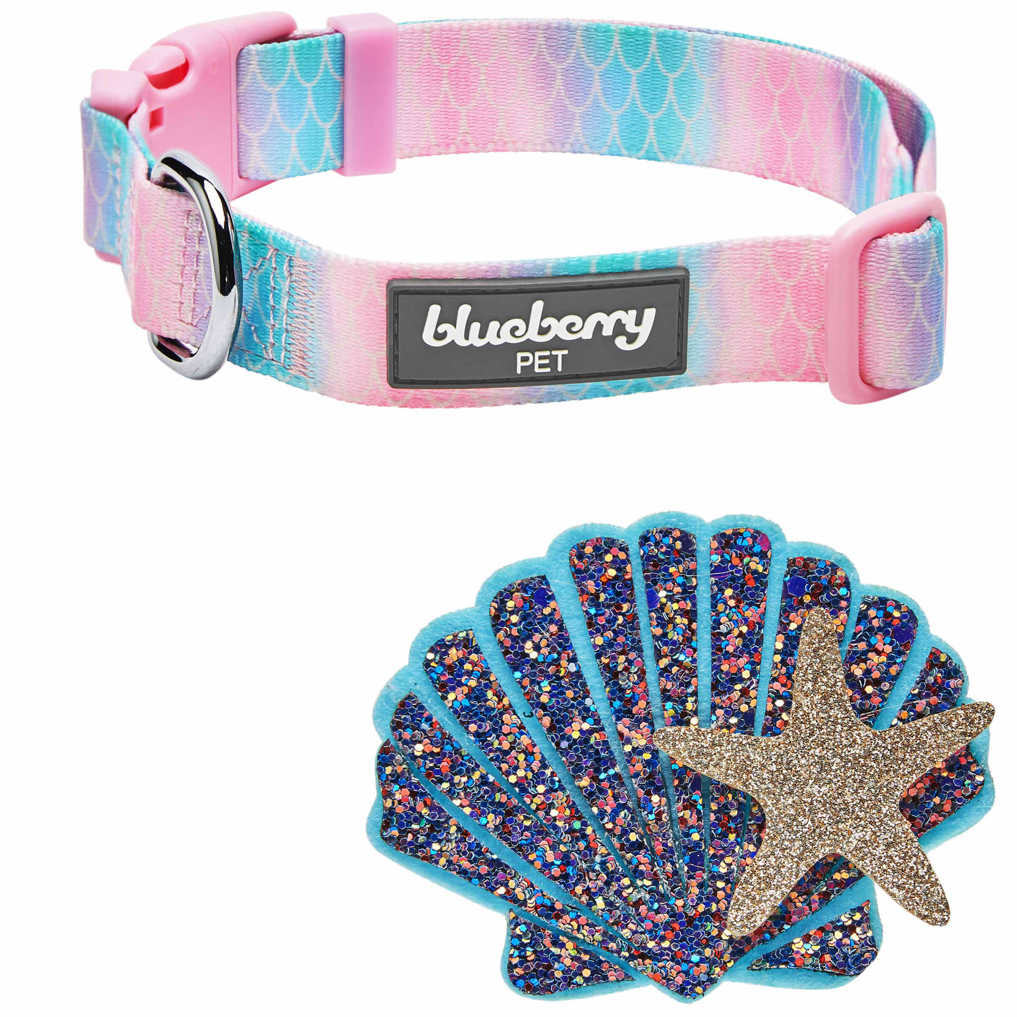 Blueberry Pet Mermaid Scales Print Adjustable Dog Collar with Detachable Seashell， Small