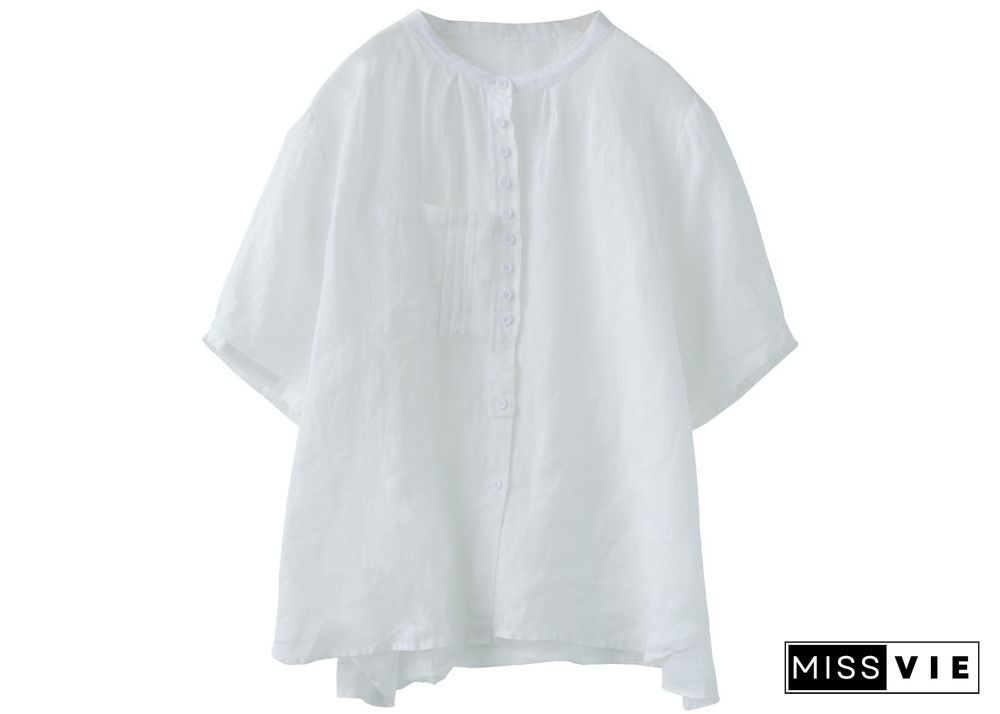 Simple White Pockets Button Patchwork Linen Shirt Top Short Sleeve