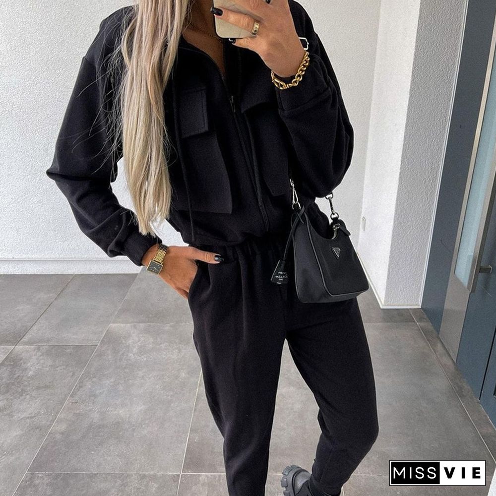 Spring Autumn Sportswear Outfits Women Fashion Zipper Cardigan And Elastic Waist Pants Tracksuit Casual Solid 2pcs Suit Set