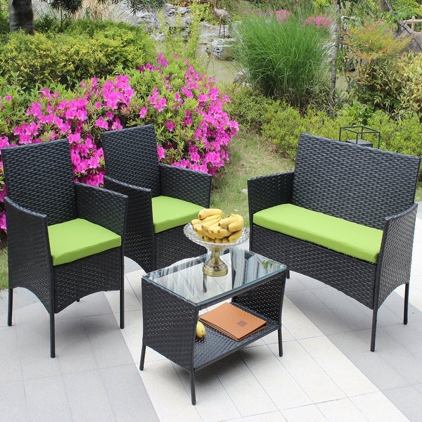 4 Pcs Rattan Patio Furniture Set Outdoor Patio Cushioned Seat Wicker Sofa Conversation Sets - Overstock - 37823590