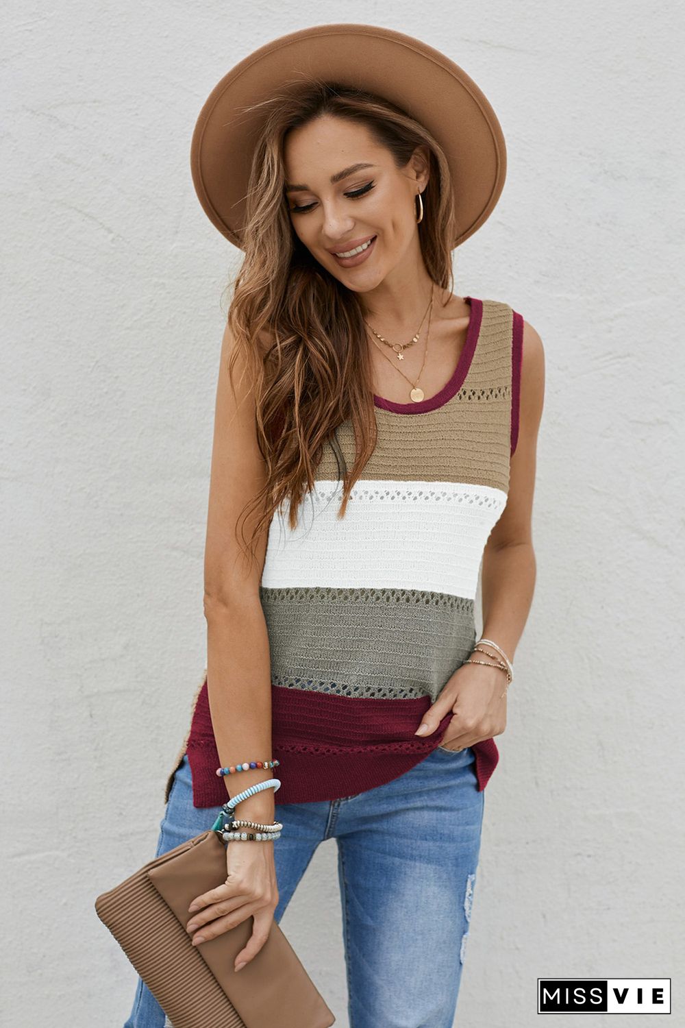 Burgundy Color Block Knitted Tank Top