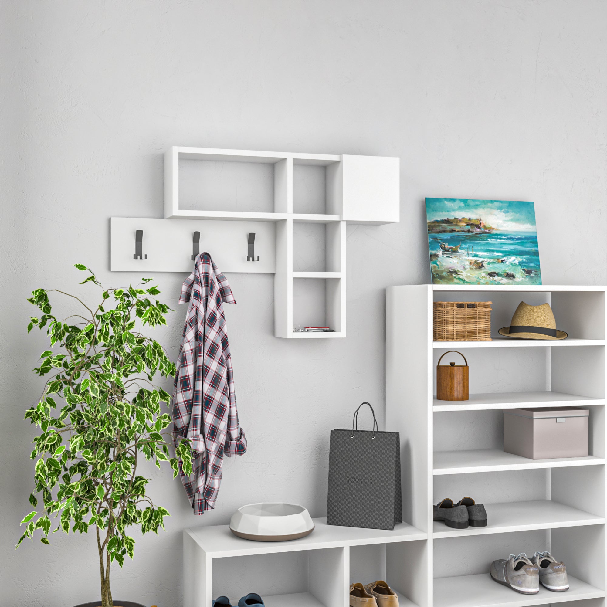 Ada Home Decor Furniture Halsted White Wall Coat Rack with Shelf