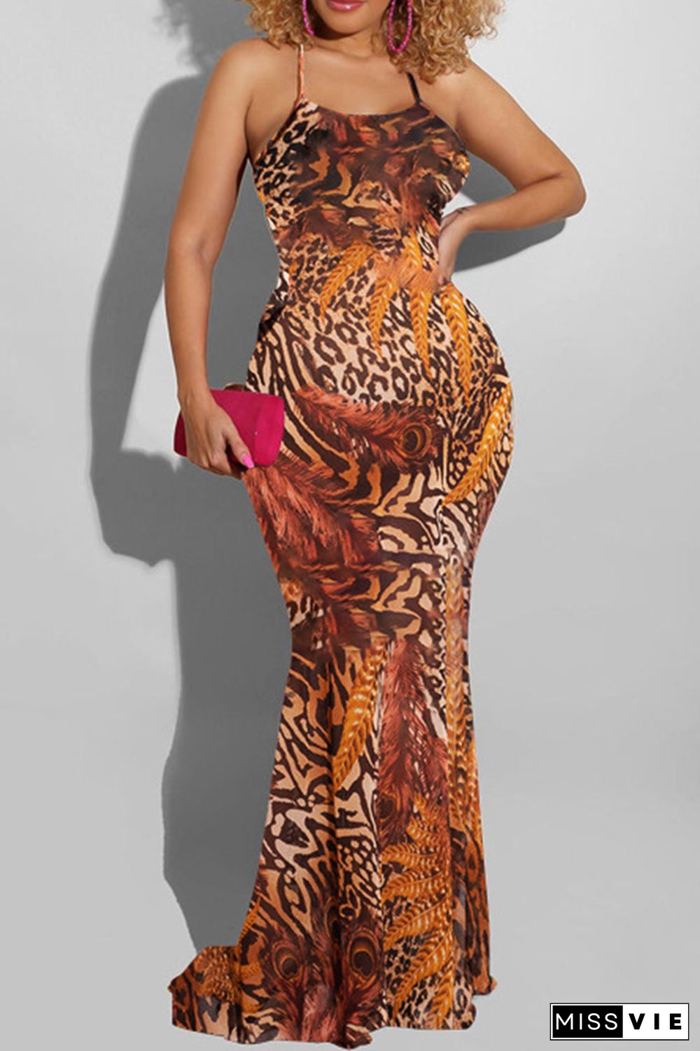 Elegant Print Patchwork Backless Spaghetti Strap Long Dress Plus Size Dresses