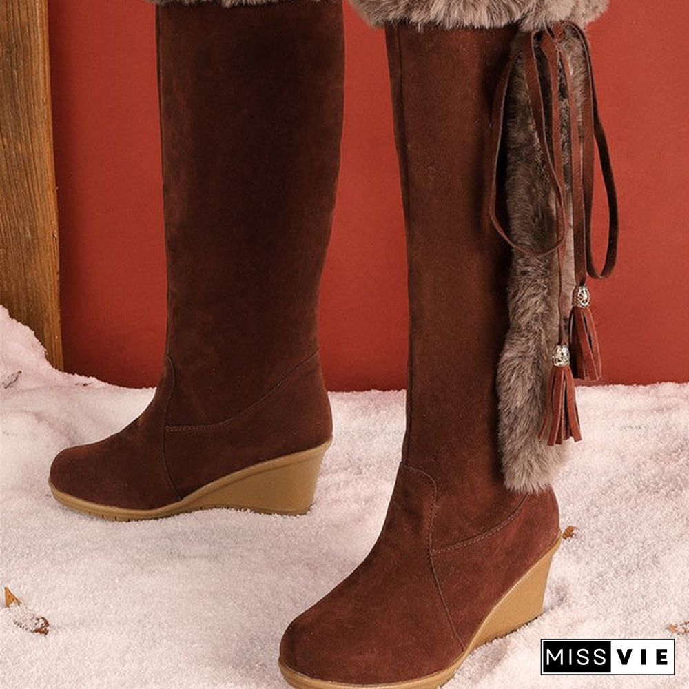 Women Plus Size Vintage Fringe Plush Warm Wedge Heel Block Heel Snow Boots