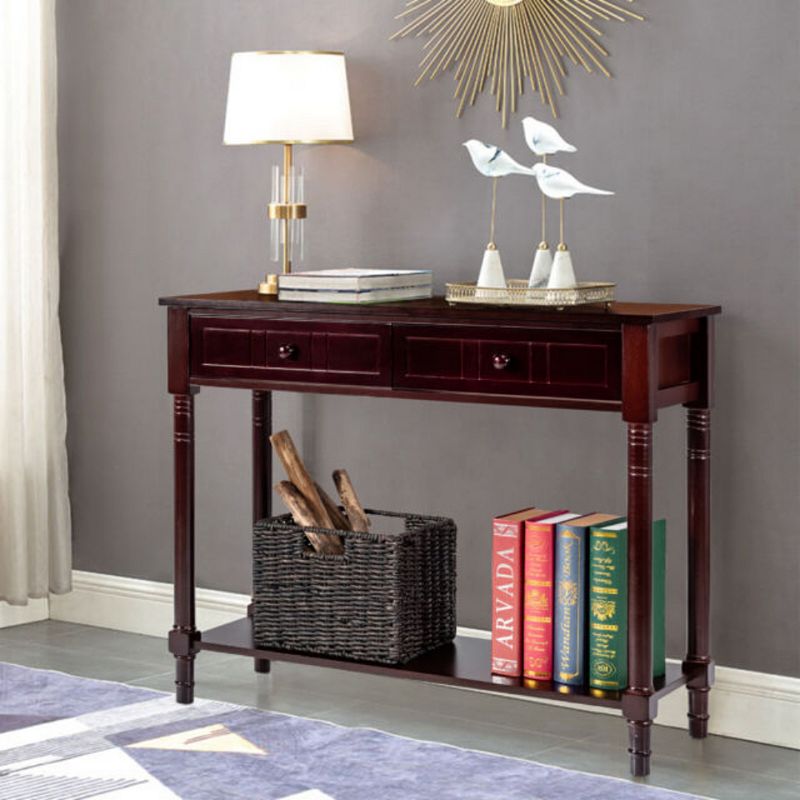 Console Accent Sofa Table with Drawers and Bottom Shelf-Brown