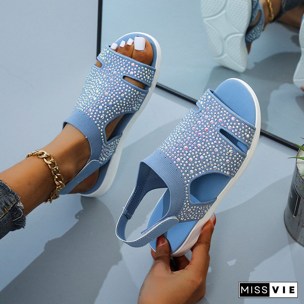 New Summer Women Sandals Fashion Stretch Flying Weave Rhinestone Casual Woman Flats Ladies Beach Shoe Big Size 36-43