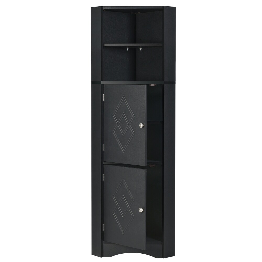 Tall Bathroom Corner Cabinet  Freestanding Floor Black Storage Organizer Bookcase with Adjustable Shelves and Doors for Office