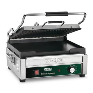 Waring Commercial Dual Panini Grill - Ribbed Top Plate Flat Bottom Plate Silver 120-Volt 14.5 in. x 11 in. Cooking Surface WDG250