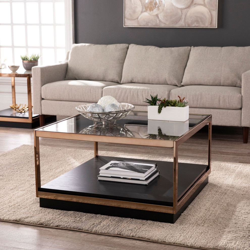 Transitional Coffee Table  Square Boxy Frame With Gold Finish  Clear Glass Top   Contemporary   Coffee Tables   by Declusia  Houzz