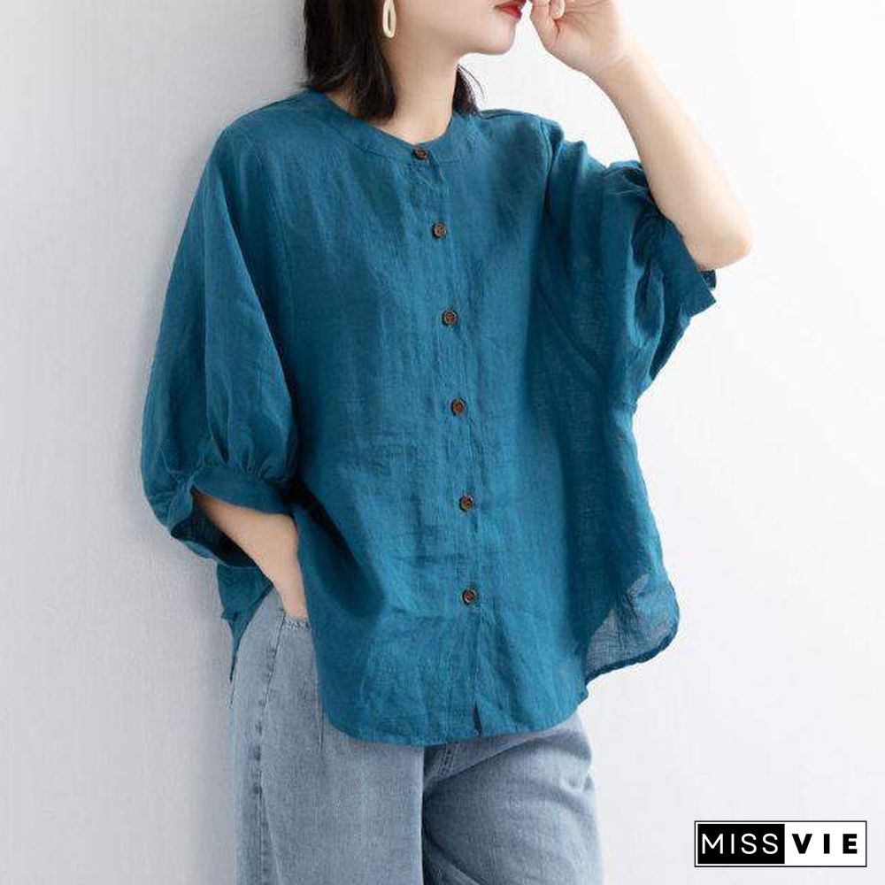 Puff Sleeve Summer Linen Shirts Women Plus Size Clothing Ladies Loose Vintage Tops Short Sleeve Female Shirt Blouse Casual