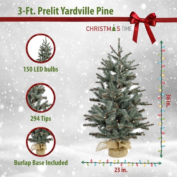 Christmas Time 3Ft. Yardville Pine Artificial Porch Tree with Rustic Burlap Base and Warm LED String Lights