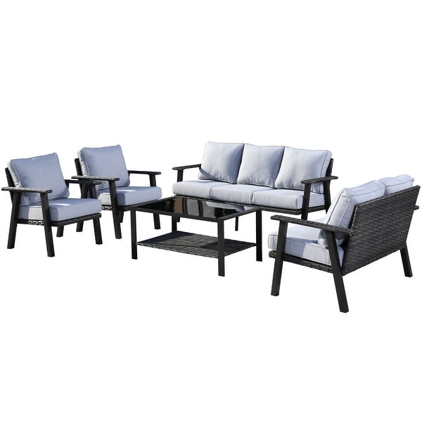 OVIOS 5piece Outdoor Steel Frame Ottoman Wicker Solid Pattern Cushion Sectional Set Glass Top Table