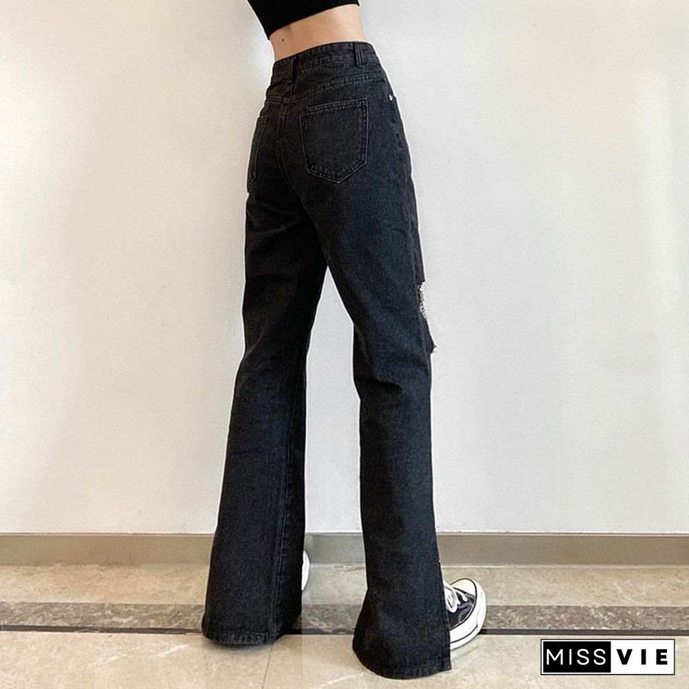 Weekeep Vintage Gothic Cut Out Holes Chain Straight Jeans Women Split High Waist Long Denim Pants Summer Casual Streetwear