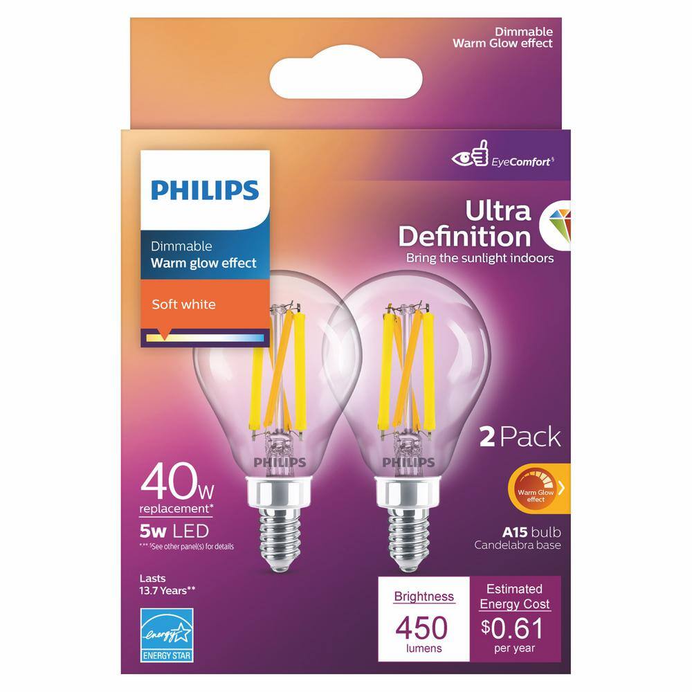 Philips 40-Watt Equivalent A15 Ultra Definition Dimmable Clear Glass E12 LED Light Bulb Soft White with Warm Glow 2700K (2-Pack) 564450