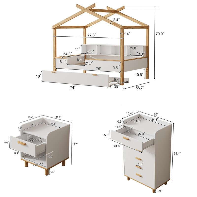 3 Pieces Bedroom Sets White Full Size Wooden House Bed with Trundle + Nightstand + 6 Drawer Chest