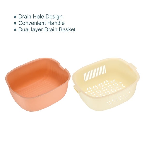 2PCS Kitchen Food Strainer Bowl Plastic Double Layered Drain Basket - 22.7 x 18 x 9.5 cm