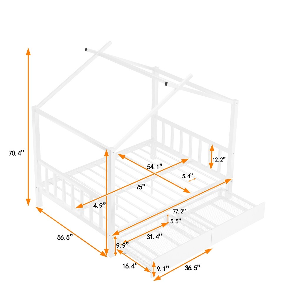 Full Size Metal House Platform Bed with Headboard and Footboard Roof Design Two Drawers Safe Guaranteed