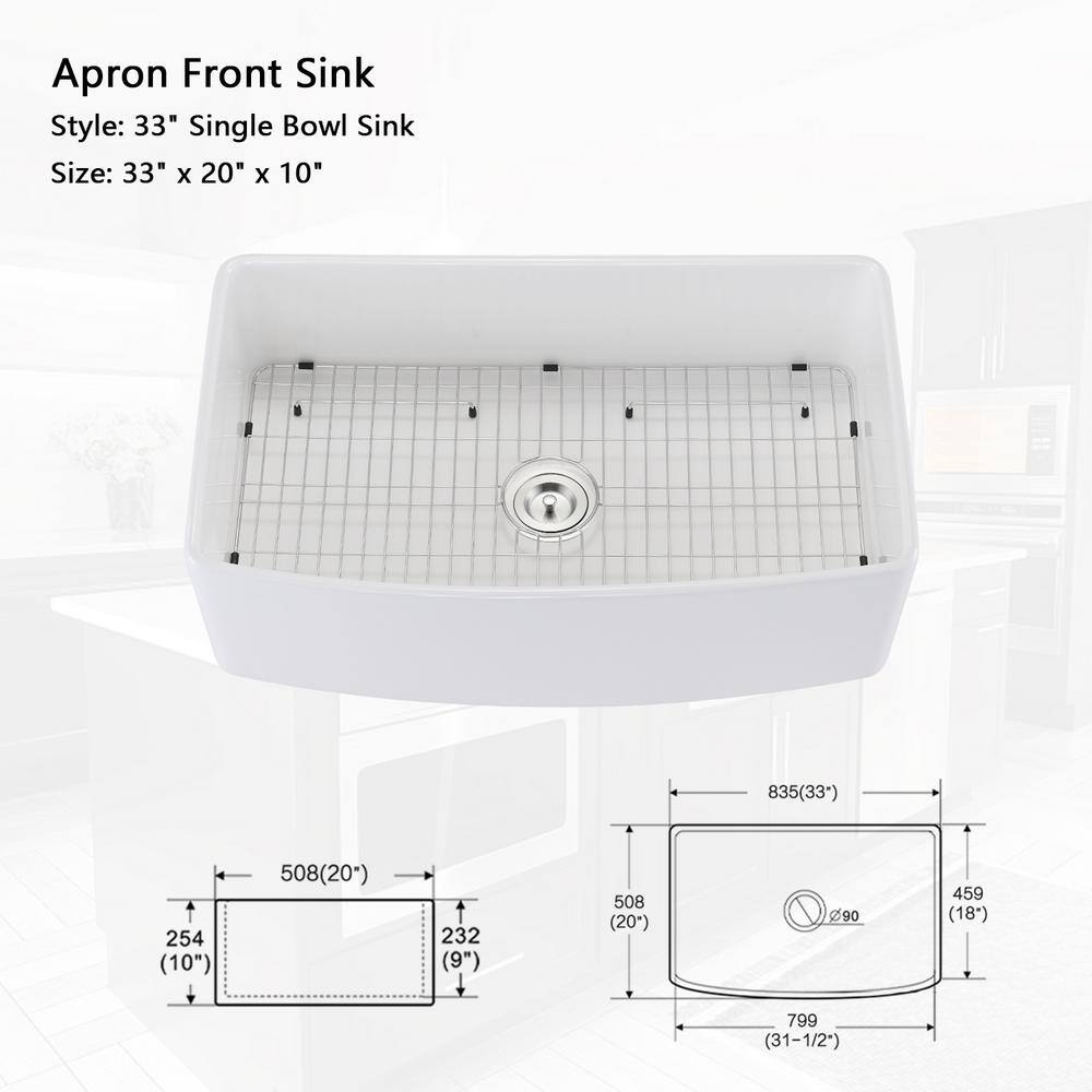 White Fireclay 33 in. Single Bowl Farmhouse Apron Arch Edge Front Kitchen Sink with Bottom Grid and Sink Drain LL-W122567052