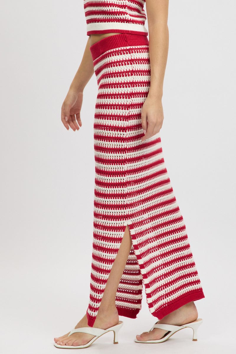 Red Stripe Crochet Knit Skirt Elastic Waist Midi Lined
