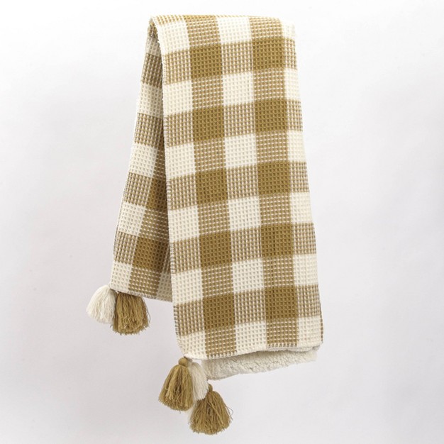 Buffalo Check Waffle Woven Faux Shearling Reversible Throw Blanket Mustard Freshmint