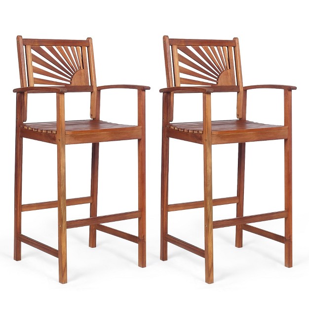 Costway Set Of 2 Bar Stools 29inch Acacia Wood Pub Chairs Outdoor W Armrests