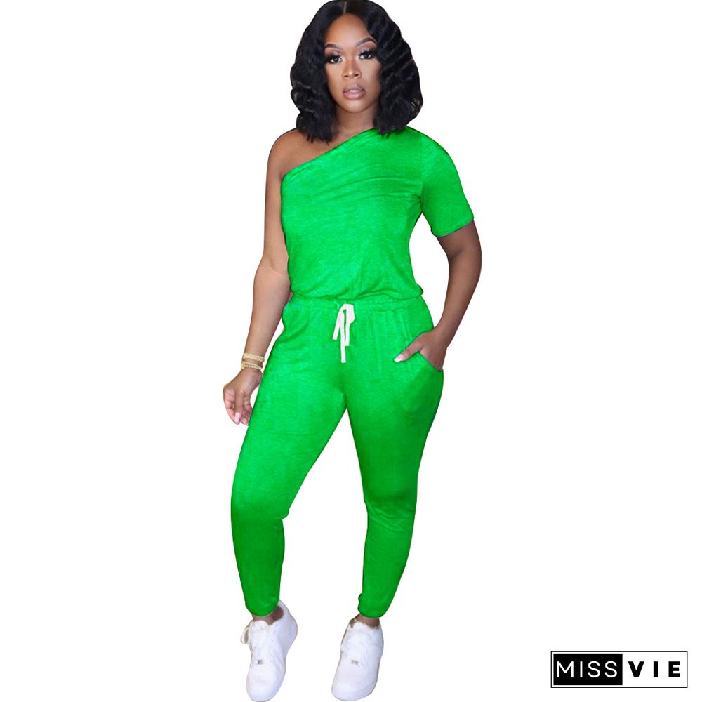 Single Lean Shoulder Sleeves Elastic Band Jumpsuits