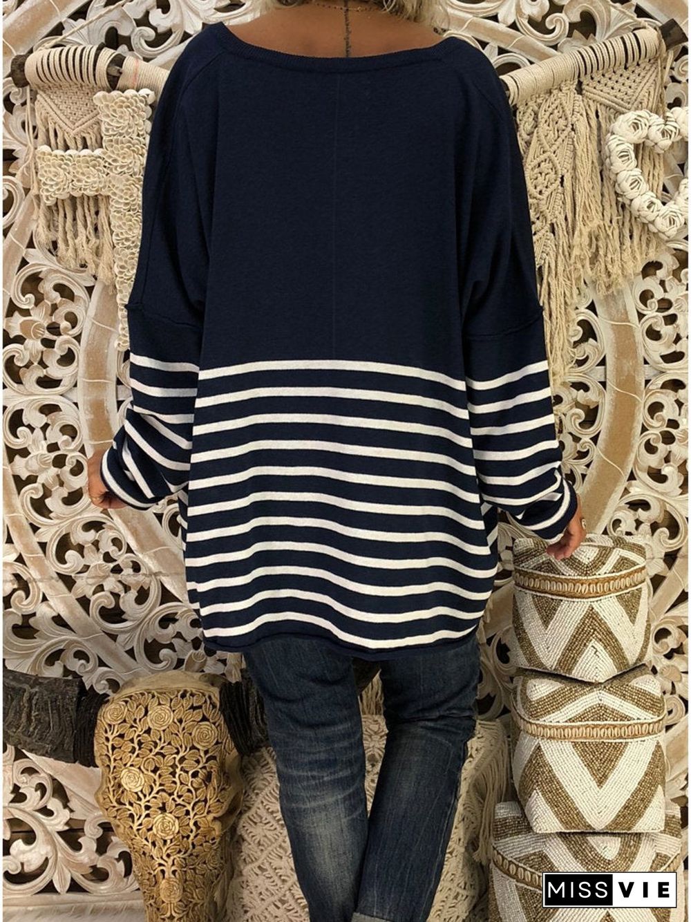 V-Neck Stripe Long Sleeve T-Shirt